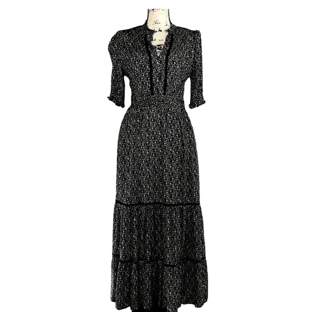 Roan + Ryan Black White Floral Maxi Dress Smocked Waist Velvet Trim Boho Medium